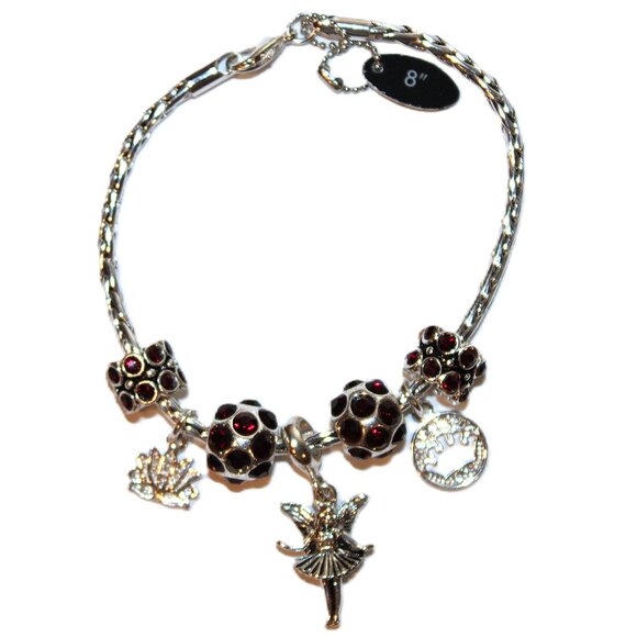 DaVinci Charm Bracelet 8" w/ 7 Beads - Fairy Lotus Flower Princess Crown Red CZ - Picture 2 of 4